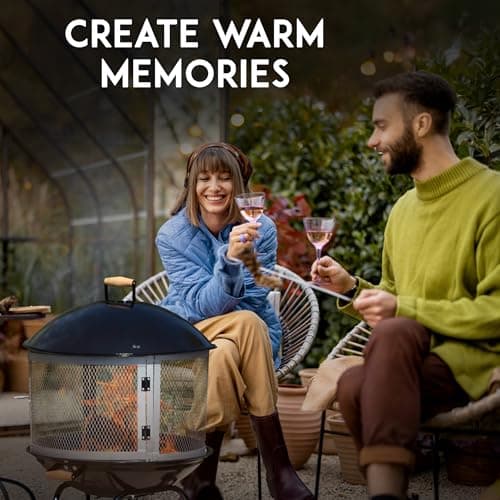 Fire Sense 01471 Fire Pit Bessemer Rolling Patio Fireplace Wooden Bonfire Porcelain Enamel Wood Burning with Wheels & Handle Grip for Outdoor Entertaining - Black & Silver - 28" 7