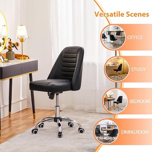 Yaheetech Mid Back PU Leather Armless Desk Office Chair, Modern Vanity Chair with Rolling Wheels, Metal Base Black 8