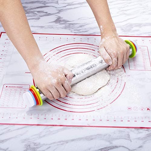 Rolling Pin and Pastry Baking Mat Set, Rolling Pins with Adjustable Thickness Rings, Stainless Steel Dough Roller for Baking Fondant, Pizza, Pie, Pastry, Pasta, Cookies (Red Mat) 5