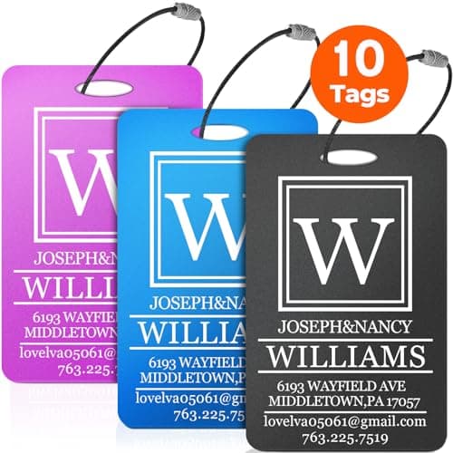 10 PCS Personalized Luggage Tags, Custom Engraved Aluminum Luggage Tags for Family, Metal Luggage Tags for Suitcases, Backpack, Custom Solid Brass Luggage Tag with Strap, Two Sided Engraving (Black)
