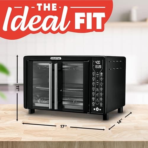 Gourmia French Door Air Fryer – 25 Qt Large Capacity Convection Oven, Fryforce 360°, Digital Display with 17 Cooking Presets, Bake, Toast, Roast, Dehydrate, Fits 12” Pizza 8