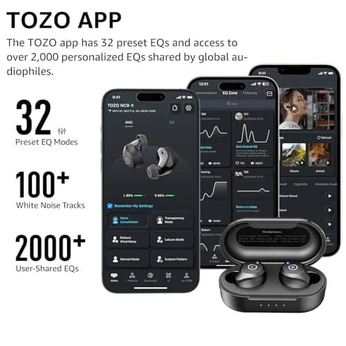 TOZO NC9 Hybrid Active Noise Cancelling Wireless Earbuds, in Ear Headphones IPX6 Waterproof Bluetooth 5.3 Stereo Earphones, Immersive Sound Premium Deep Bass Headset Matte Black. 7