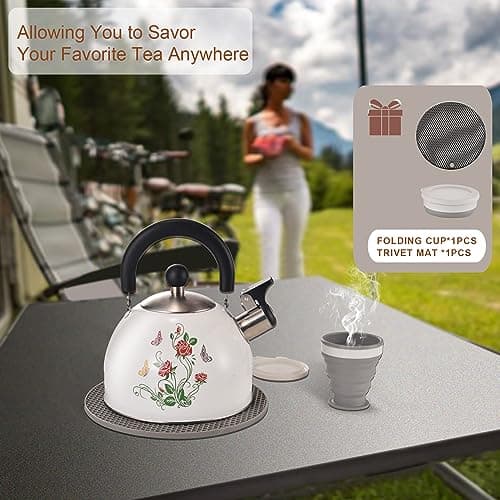 ARC Stainless Steel Whistling Tea Kettle, Magic Color Changing Design 2-Quart Stovetop Kettle Whistle White Teapot with Folding Cup & Trivet Mat 5