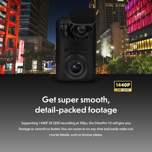 Transcend DrivePro Dash Cam Front, 1440P 2K QHD Dash Camera for Cars, 64GB Card Included, with Super Night Vision/Wi-Fi/WDR/G-Sensor/Exclusive App/High-Sensitivity Image Sensor, Support 512GB Max 6