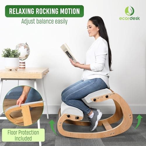 Ecordesk Ergonomic Kneeling Chair, Adjustable Seat - Office Chair for Desk, Posture Corrector, Premium Comfort Cushion, Wooden Rocking Knee Chair (Ivory) 6