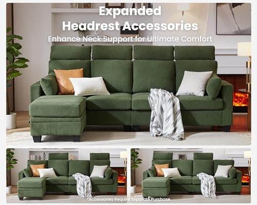 CHIC HOUSE Corduroy Modular Sectional Couch with Ottoman Chaise, L/U Shaped Sleeper Sofa for Living Room, Apartment, Lounge, Modern Armrest Neck Support Furniture (6 Seater Compact Sleeper, Green) 7
