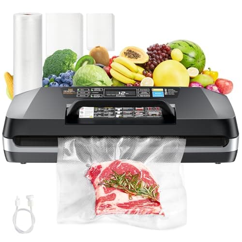 95kpa Vacuum Sealer, Fully Automatic Food Sealer, Powerful Sealing System, Double Heat Seal, Built-in Cutter and Bag Storage, 1 Roll Bag, 10 Precut Bags