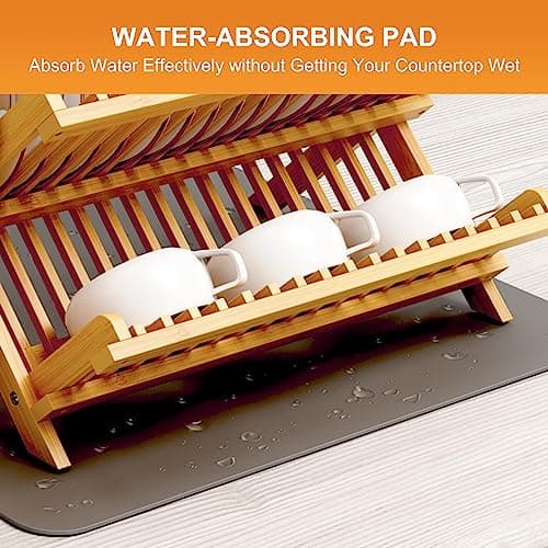 Greenual Bamboo Dish Drying Rack with Utensil Holder, 3 Tier Collapsible Dish Rack, Wooden Dish Racks for Kitchen Counter, Large Folding Drying Holder with Absorbent Dish Drying Mat 6
