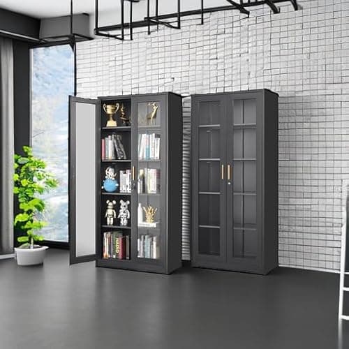 Glass Display Cabinet, 71" Tall Metal Curio Cabinet with Glass Doors, Black Display Case, Storage Cabinets with 4 Adjustable Shelves, Locking Storage Cases for Hallway, Kitchen, Living Room 5