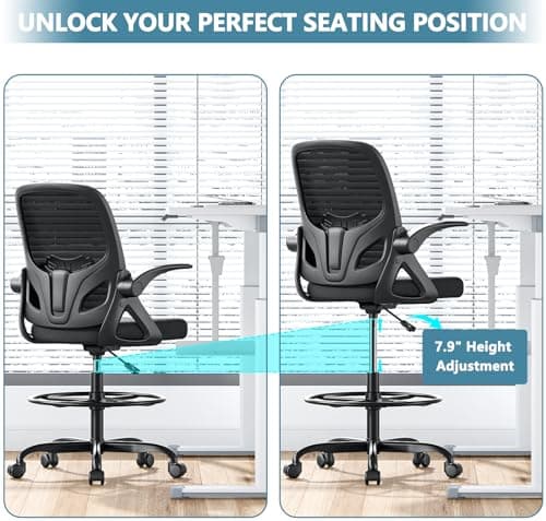 Kensaker Tall Drafting Chair with Footrest Ring for Home and Work, Ergonomic Home Desk Office Chair with Flip up Arms and Lumbar Support, Extended Height Executive Desk Office(Black) 5