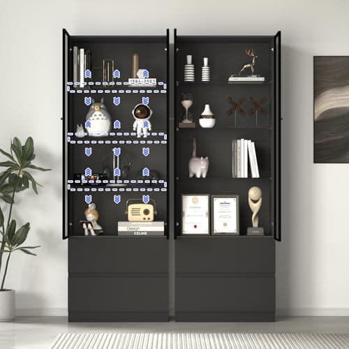 ZORPLIX Glass Display Cabinet with LED Lights, Display Cabinet with 2 Glass Doors, Storage Cabinet with 4 Adjustable Shelves and 2 Drawer, Curio Cabinet for Collectibles, Living Room 7