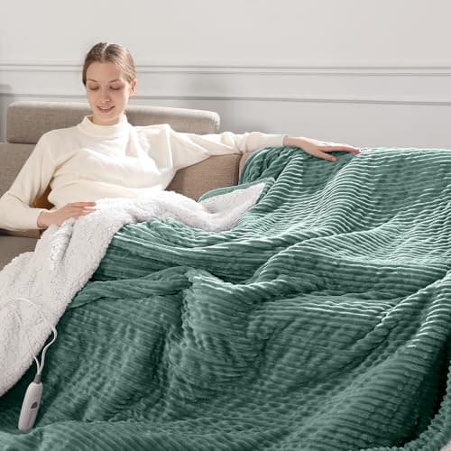 Heated Blanket Throw 50''x60'', Heating Blanket Striped Flannel & Thicker Sherpa, 5 Heat Settings & 4 Hour Auto Off with FCC/ETL Certified, Overheat Protection & Machine Washable, Great Gift, Teal