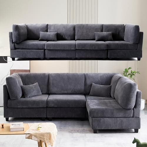 Deep Seat Reversible Modular Sofa with Movable Ottoman, Free Combinational Convertible Sectional Couch, Oversized Corner Sofa&Couches with Solid Wood Legs and Detachable Backrest for Living Room