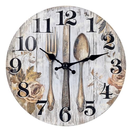 Keepcross Kitchen Wall Clock Fork & Spoon Cutlery Theme Rustic Modern Farmhouse Decor Glass Clock for Kitchen, Dining Room - 8 Inch, Battery Operated
