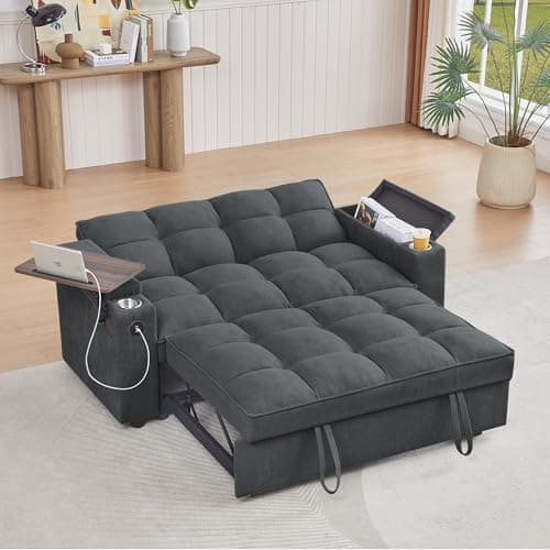 hansones 65'' 3-in-1 Folding Convertible Sofa Bed, Pullout Sofa, Modern Chenille Fabric, 360° Swivel Side Table, Easy Assembly, Perfect for Living Room, Grey