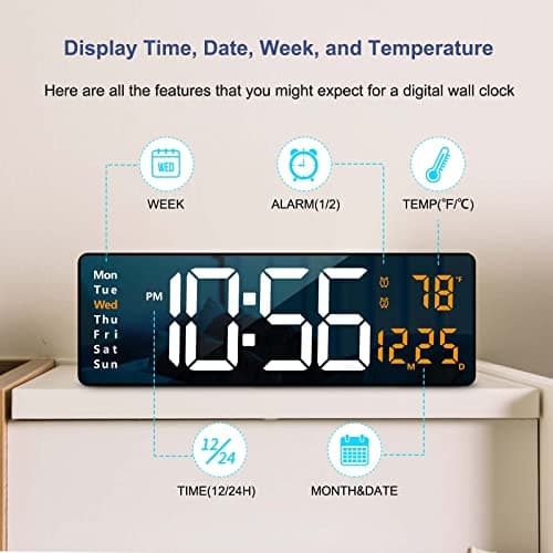 Digital Wall Clock Large Display, 16.2 Inch , LED Digital Clock with Remote Control for Living Room Decor, Automatic Brightness Dimmer with Date Week Temperature (Orange) 8