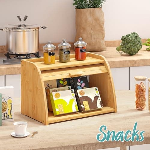 Vriccc Bread Box for Kitchen Countertop, Large Bamboo Wood Bread Box, Wooden Corner Bread Storage Capacity 6