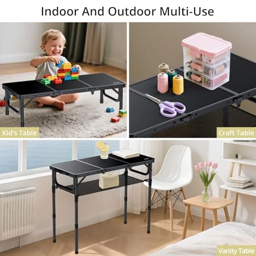 Anbte Folding Camping Table with Storage Net, 3ft Camping Table Aluminum Folding Table with 3 Adjustable Height Max 27.5 Inch Picnic Table Portable Table for Outdoor Backyard BBQ, Pure Black 5