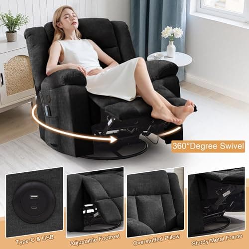 Korser Rocker Recliner, Glider Recliner Chairs for Adults, 360° Swivel Rocking Chair with Massage and Heating, Nursery Chair with Storage and USB Charging for Living Room, Bedroom, Nursery 5