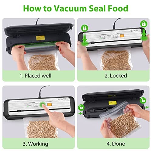 KOIOS Vacuum Sealer Machine, 90Kpa Automatic Food Sealer with Cutter, 8-in-1 Food Vacuum Machine, Pulse Function, Dry&Moist Modes, Compact Design, LED Indicator Lights, 10pcs bags included, Silver 7