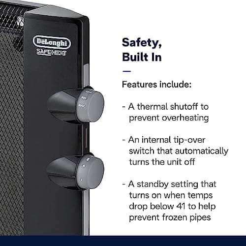 DeLonghi Mica Panel Space Heater, 1500W quiet electric space heater for indoor use, adjustable thermostat, freestanding/ easy wall mount, full room heating with built-in safety features, HMP1500 Black 4