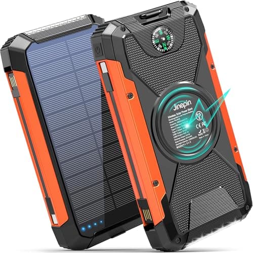 Jinepin Solar Charger Power Bank -38600mAh Solar Phone Charger Built in 3 Cables Waterproof Outdoor External Battery Pack with 4 Outputs 2 Inputs USB C 15 W Powerbank with Camping Light Compass