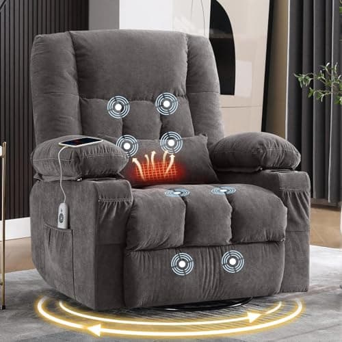 Massage Swivel Recliner Chair with Vibration Massage and Lumbar Heating for Adults,Oversized Rocker Recliner Single Sofa with Side Pocket,Two Cup Holders and USB Charge Port for Living Room