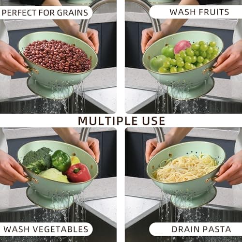 Metal Colander Set of 3, Strainer Basket with Handles perfect for Spaghetti, Pasta, Berry, Vegetable, Fruit, Solid Base Powder Coated Kitchen Essential Strainer Set, 1 & 3.5 & 5 Qt (Green) 6