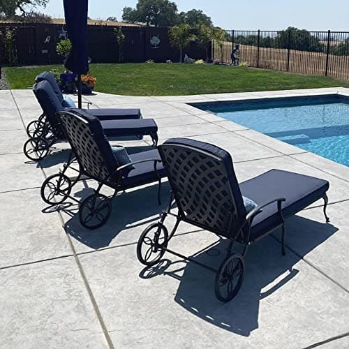 HOMEFUN Outdoor Chaise Lounge Chair with Cushion - Poolside Set of 1 Chair for Outside Cast Aluminum Waterproof Lounger with Wheels and Adjustable Reclining (Navy Cushion) 7