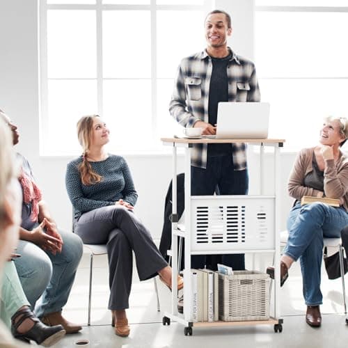 Tangkula Adjustable Standing Desk, Mobile Rolling Computer Desk with Storage Shelf, Portable Laptop Table with Footrest, Mesh Panel, Lockable Wheels, Sit Stand Workstation for Home Office 5