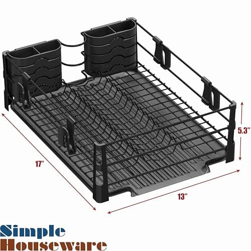 Simple Houseware Dish Drying Rack with Drainboard, Utensil Holder & Mug Hooks, Black Metal Kitchen Counter Organizer 8