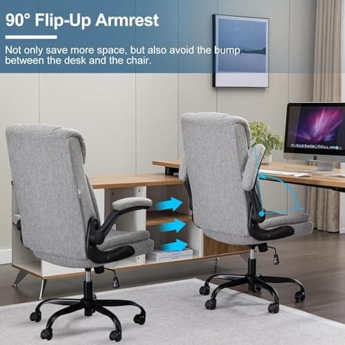 BRTHORY Office Chair High Back Ergonomic Executive Computer Desk Chair Comfortable Fabric Padded Home Office Desk Chairs with Flip-up Arm Rest Adjustable Height Swivel Wheels (Grey) 6