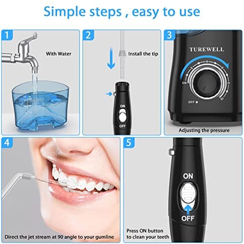 TUREWELL Water Dental Flosser for Teeth/Braces, Water Teeth Cleaner 8 Jet Tips and 10 Pressure Levels, 600ML Large Water Tank Oral Irrigator for Family(Black) 5