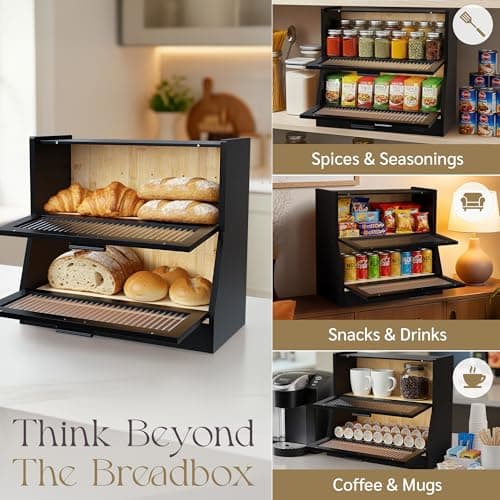 HOMIQ Bread Box for Kitchen Countertop - Bamboo Wood Breadbox with Knife Storage, Ventilation Holes - Farmhouse Loaf Organizer, Versatile 2 Layer Bread Storage Container for Snacks Mugs Spices 6