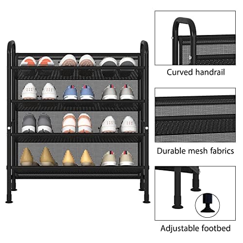 FKUO 4 Tier Shoe rack for closet Mesh fabric narrow Metal shoe racks, Space saving Small Shoe Storage Organizer Shelf for Entryway, Hallway, Dorm Room (Black, 4-Tier) 6