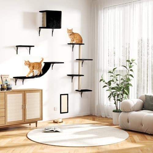 Wall Mounted Cat Furniture Set of 5 With Tree, Perch, Scratcher, Bridge and Condo, Gray (Black)
