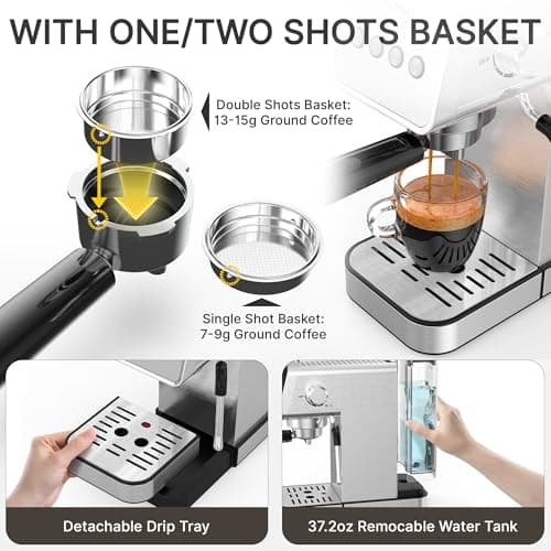 AYCHIRO Espresso Machine with Steam Milk Frother, Adjustable Espresso Machine 20 Bar, Compact Espresso Maker for Latte & Cappuccino,Detachable Water Tank/Drip Tray 8