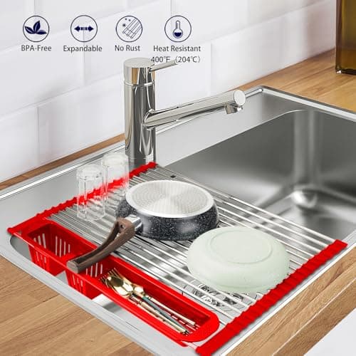 CLNGAI Roll Up Dish Drying Rack,Expandable Over The Sink Dish Drainer,Stainless Steel Kitchen Rolling Sink Rack with Utensil Holder,Length Up to 22.3" (Red, Large) 6