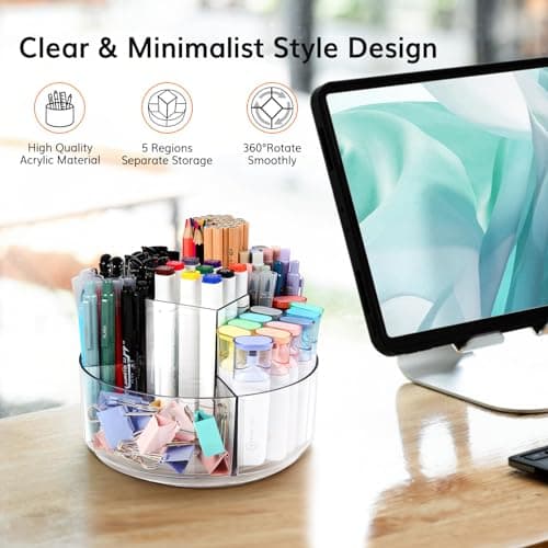 Hiborateed Rotating Pencil Holder for Desk, 5 Slots 360-Degree Spinning Acrylic Pen Holder for Desk, Marker Holder Caddy Art Supply Organizer Pen Organizer for Office Home School 5