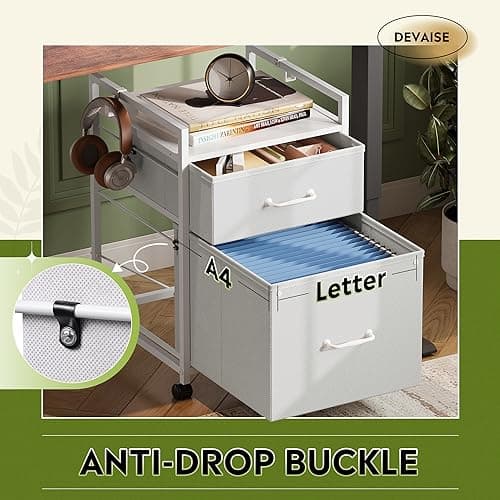 DEVAISE 2 Drawer Mobile File Cabinet, Rolling Printer Stand with Fabric Drawer, Vertical Filing Cabinets with Hanging Folders Fit A4 or Letter Size for Home Office, White 5