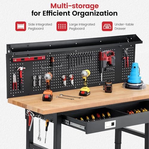 ENJOYWOOD 60" x 22'' Garage Workbench with Wheels Adjustable Height Rubberwood Work Table with Drawers, Pegboard, Power Outlets & LED Light Heavy Duty Rolling Workbench for Workshop & Home 3