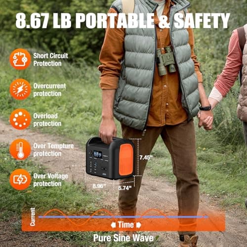 Portable Power Station, 600W (1200W Peak) 299Wh LiFePO4 Solar Generator Pure Sine Wave 110V AC Car Outlets PD 60W QC3.0 Backup Power Supply Bank for Camping, Blackout, CPAP 6