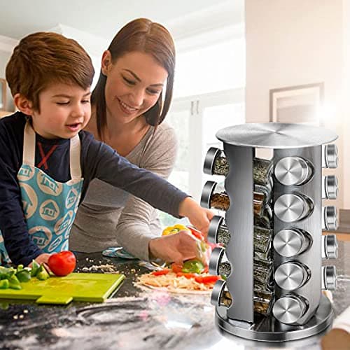 Kylinbigda 360-degree Rotating Glass and Stainless Steel Spice Rack with 20 Jars, Anti-Sprinkling Design, Great Gift 9