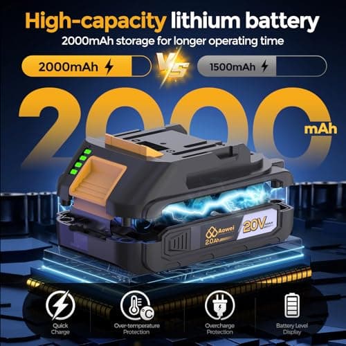 Aowei 20V Brushless Cordless Drill/Driver, Compact Power Drill Set, Yellow Rechargeable Lithium-Ion Drill Kit, including 2.0Ah Battery, Charger and 3/8-inch Keyless Chuck 8