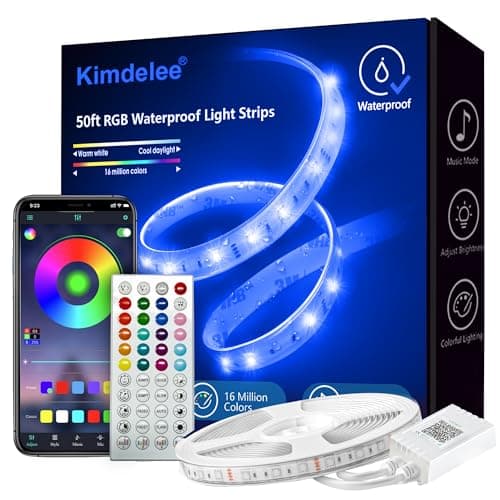Kimdelee 50ft Outdoor Waterproof LED Light Strips, RGB 12v Outdoor Led Strip Lights with Bluetooth Music Sync App Remote, Christmas Lights Decor Rope Lights