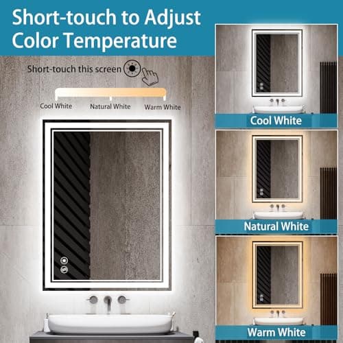 24 x 32'' Bathroom Mirror with LED Lights Dimmable 3 Colors LED Bathroom Mirror Fogless LED Mirror for Bathroom Vanity Mirror with Lights Wall Mounted Horizontal/Vertical 5