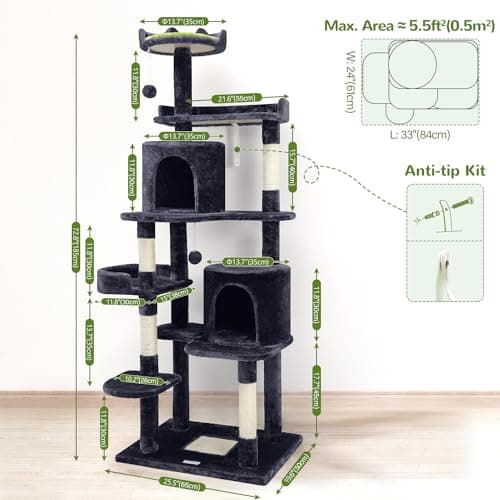 Globlazer C72 Multi-Level Cat Tree Tower | 72'' Activity Center with Cozy Condo, Perches, Scratching Posts, Large Platform and Anti-Tip Kit - Ideal for Large Cats, Dark Grey 6