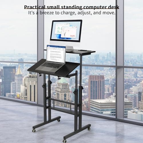Hadulcet Mobile Standing Desk with Charging Station, Adjustable Standing Computer Desk, Standing Adjustable Laptop Cart with Wheels for Home Office Classroom Black 7