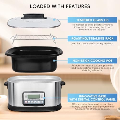spoonlemon 6.5 Quart Multi Cooker 11-in-1, Programmable Slow Cooker with Timer & Temperature Control for Families Meals, 1500W with Bake, Sauté, Roast and Sous Vide 9