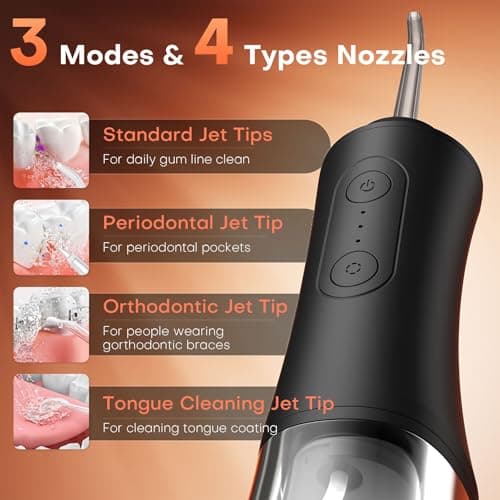 Water Flosser, Water Dental Flosser Pick for Teeth, 300ML IPX7 Waterproof Oral Irrigator, 3 Modes 4 Replaceable Jet Tips, Professional Flossing Cleaning Picks for Home Travel Gums, Braces Care 6